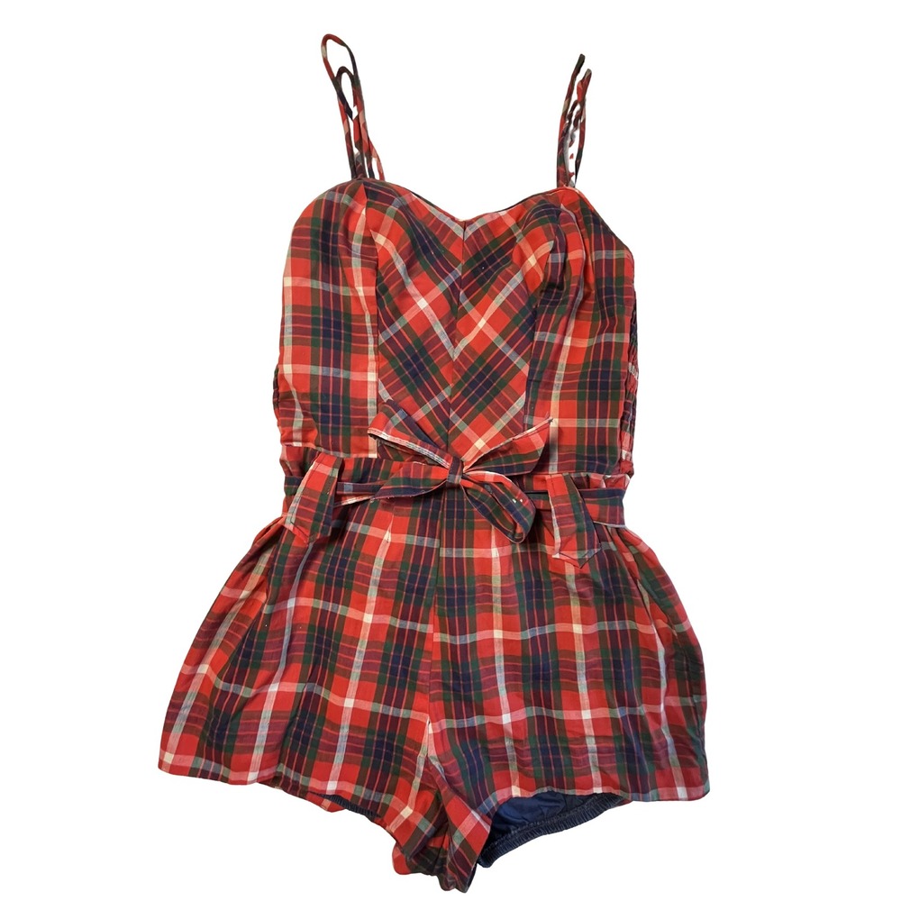 Vintage 60s Roxanne Perfection Fit Plaid Swimsuit Romper Playsuit 12/34 B Cup